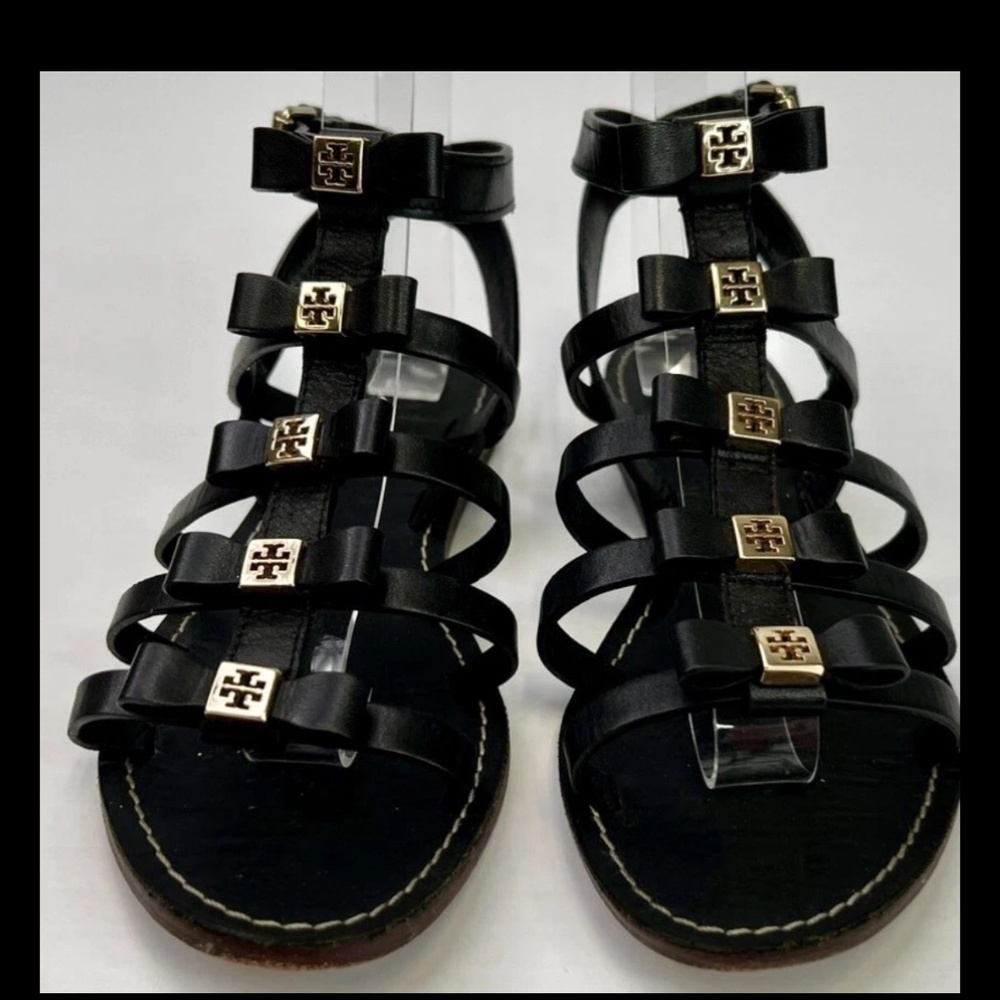 Tory Burch black Sandal W 10M Leather Gladiator Bow Flat Ankle Strap Party Core